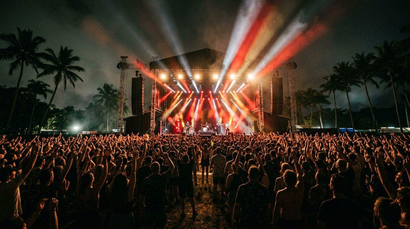 Outdoor concert stage at night with a full lighting rig and a crowd