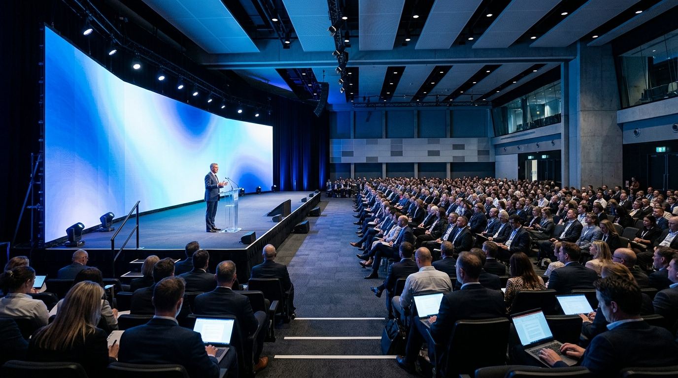Conference plenary with a wide LED screen and a speaker on stage