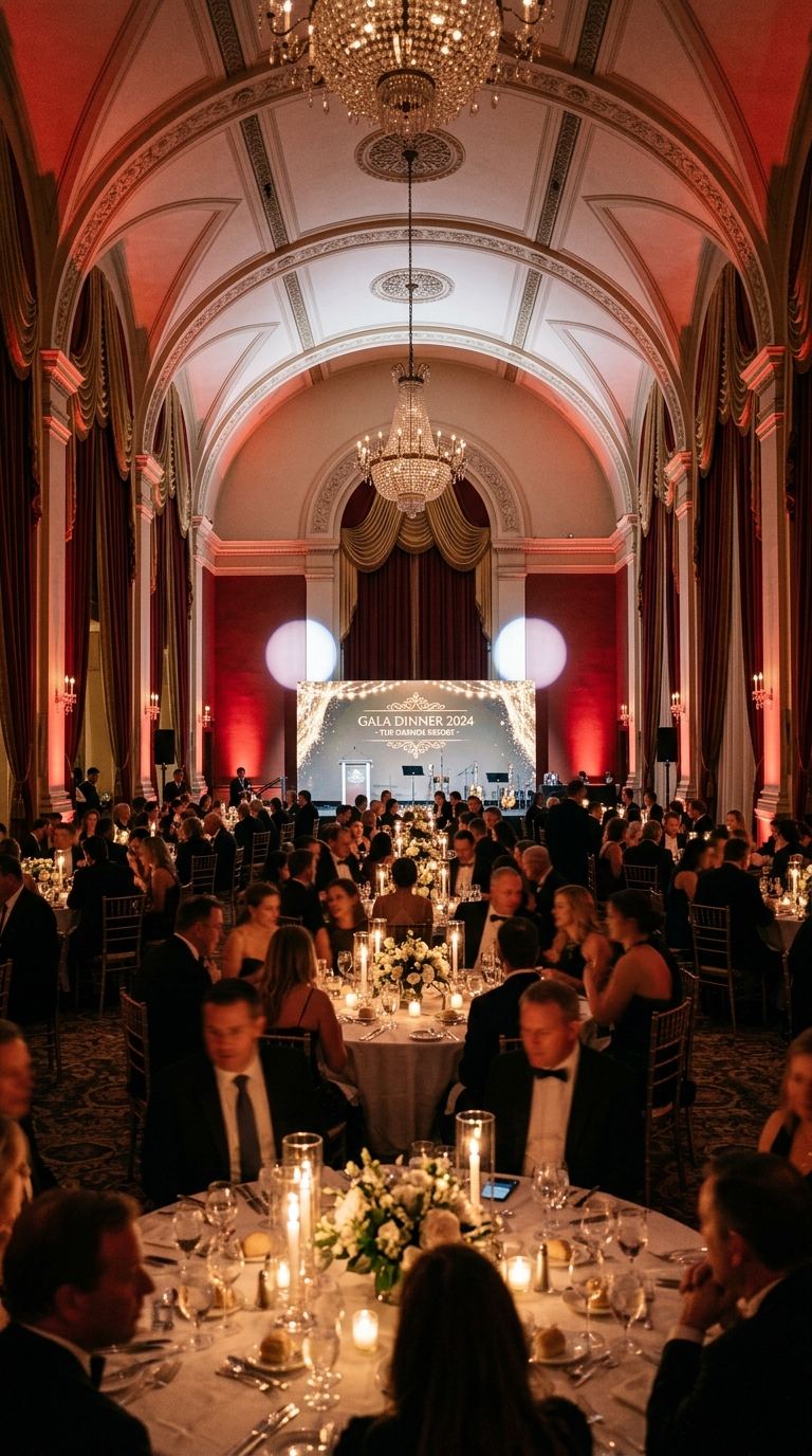 Gala dinner ballroom with uplighting and a lit stage