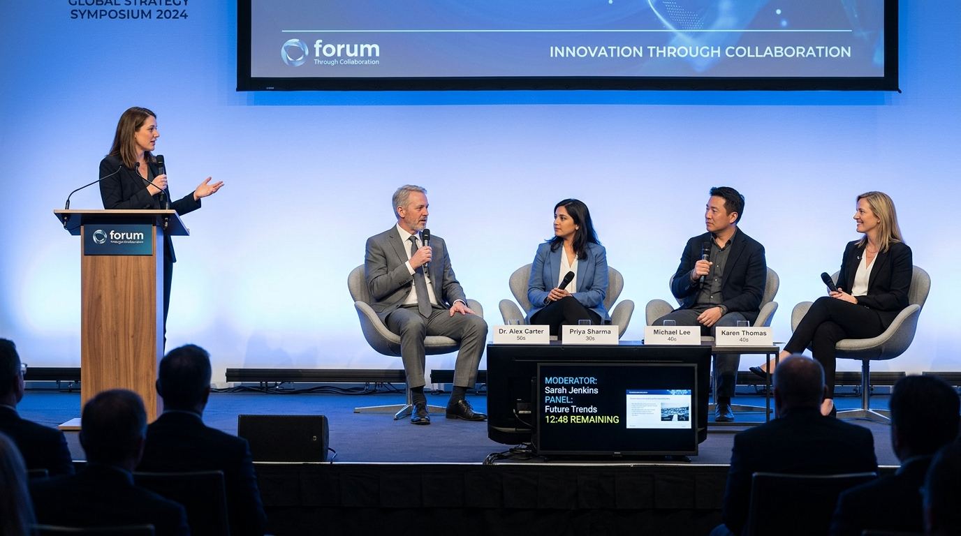 Panel discussion with lectern, microphones and confidence monitors