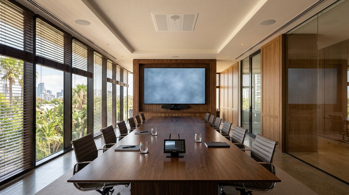 Boardroom with a wall-mounted display, ceiling microphone and a tabletop touch panel
