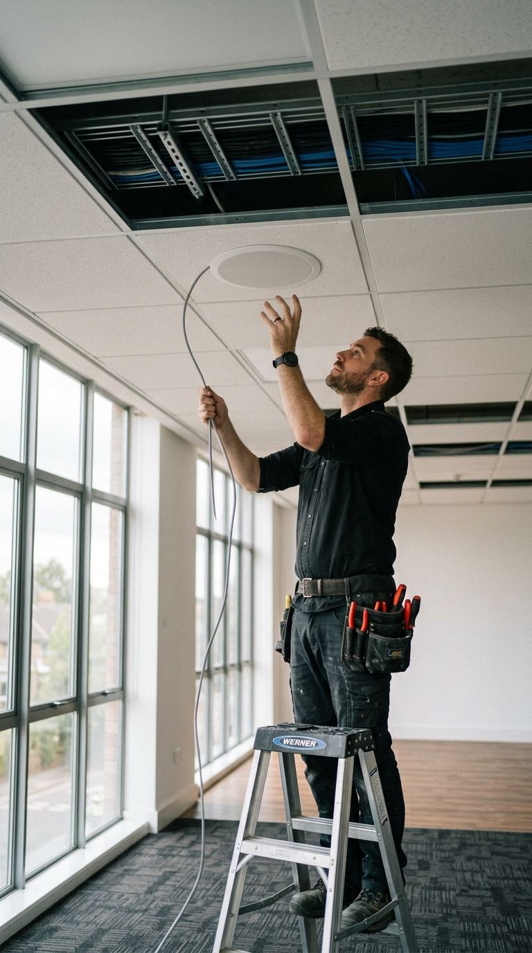 Technician installing a ceiling speaker in a function room