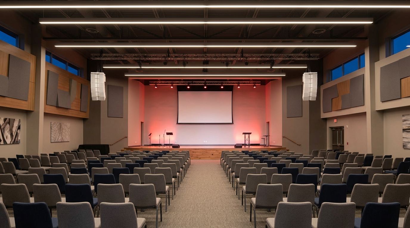 Church or auditorium with installed line array speakers and a lit stage