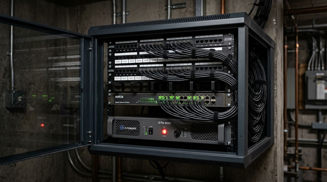Wall-mounted equipment rack with neatly dressed cabling, patch panels, network switch and amplifier