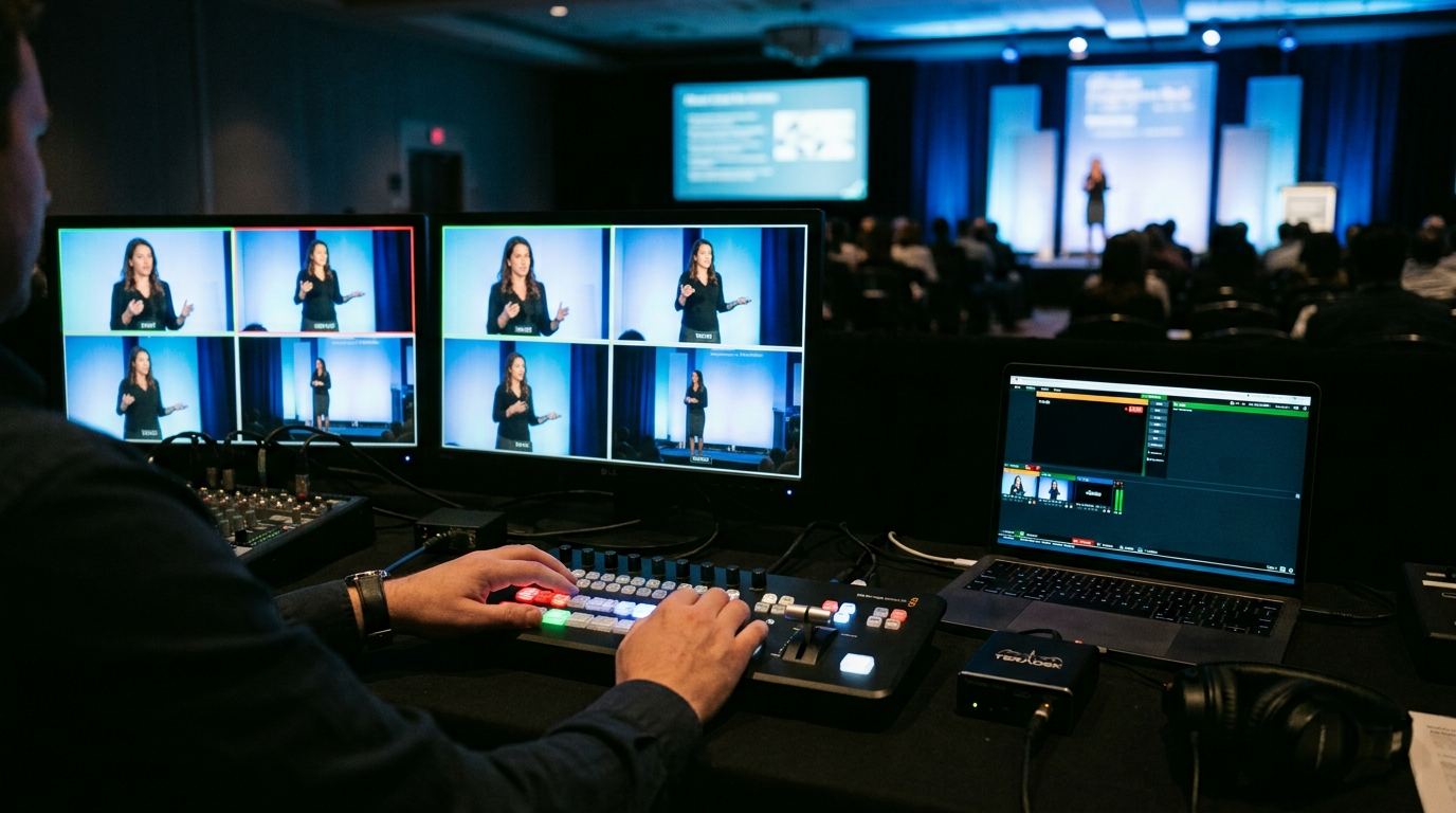 Vision switcher and streaming desk at the back of a conference room with camera feeds on monitors