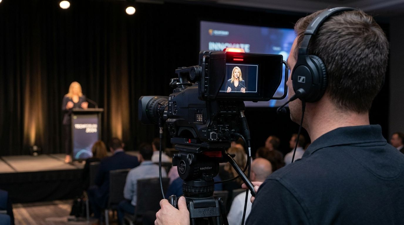 Camera operator filming a keynote speaker for a live stream
