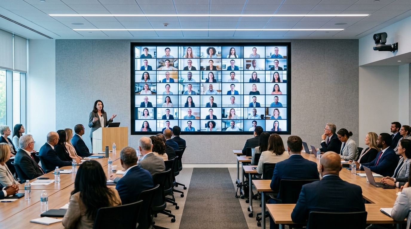 Hybrid meeting with remote participants on a large screen facing an in-room audience